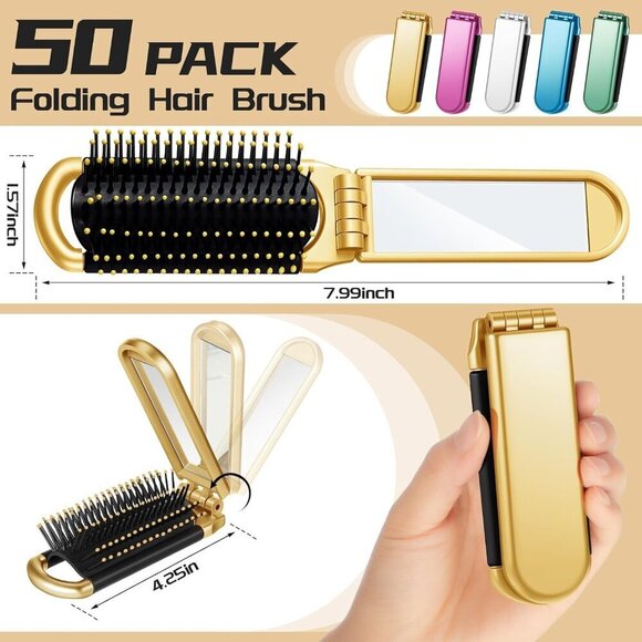 Folding Travel Hair Brush Plastic Handle Compact Portable with Mirror 50 Pack